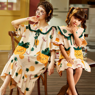 母女亲子睡裙夏季儿童睡衣裙母子装纯棉大童女童夏天小女孩公主风