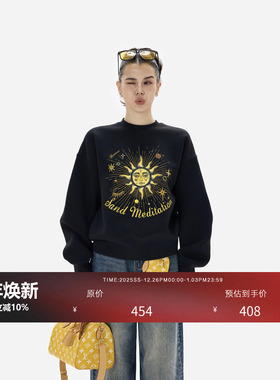 HONORE古月 太阳神 复古百搭松弛慵懒 圆领短款图腾印花加绒卫衣