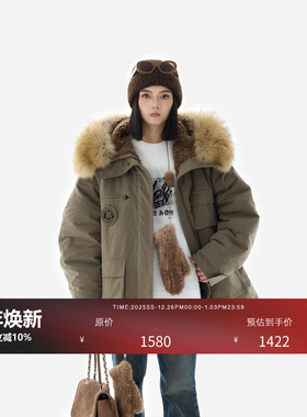 HONORE古月 原创重工立体铜牌派克大毛领95安心工装保暖羽绒服