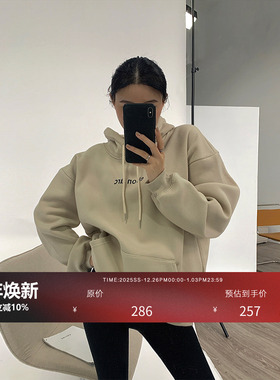 HONORE古月 随性率真/宽松慵懒法兰绒字母卫衣 加绒加厚连帽上衣