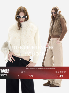 【HONORE古月 新品85折】皮草感小羊毛 针织袖拼接抗寒修身外套