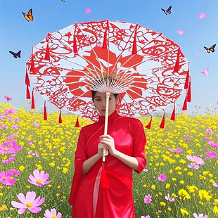 剪纸花纹旗袍秀伞古风摄影跳舞伞舞蹈伞流苏伞古装汉服拍照道具伞