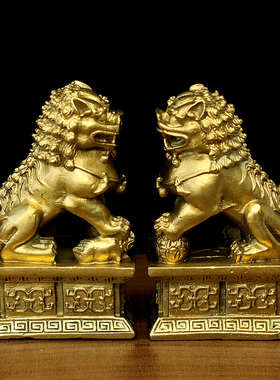 小号纯铜狮子北京狮镇宅摆件黄铜中华狮客厅玄关入户门风水工艺品