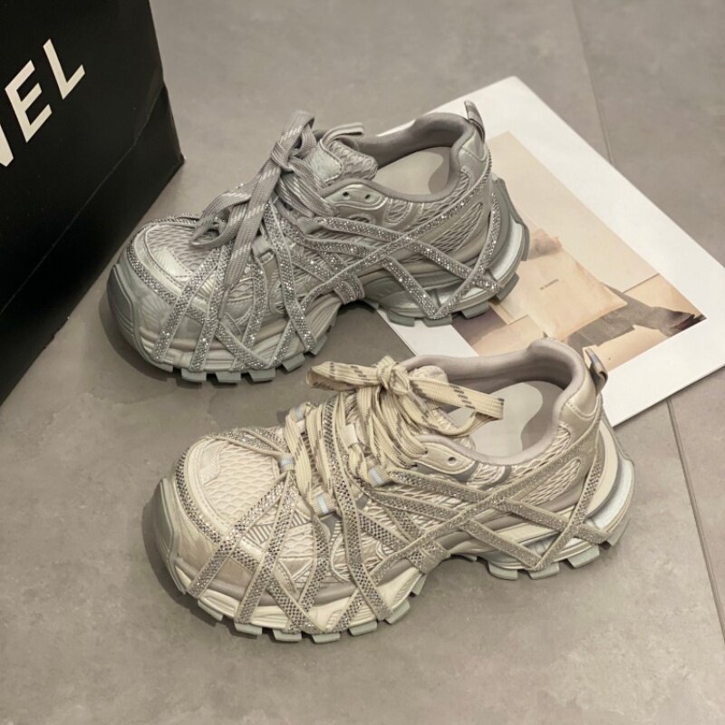 水钻绑带老爹鞋女2026春季新款厚底增高运动休闲鞋交叉绑带潮鞋女