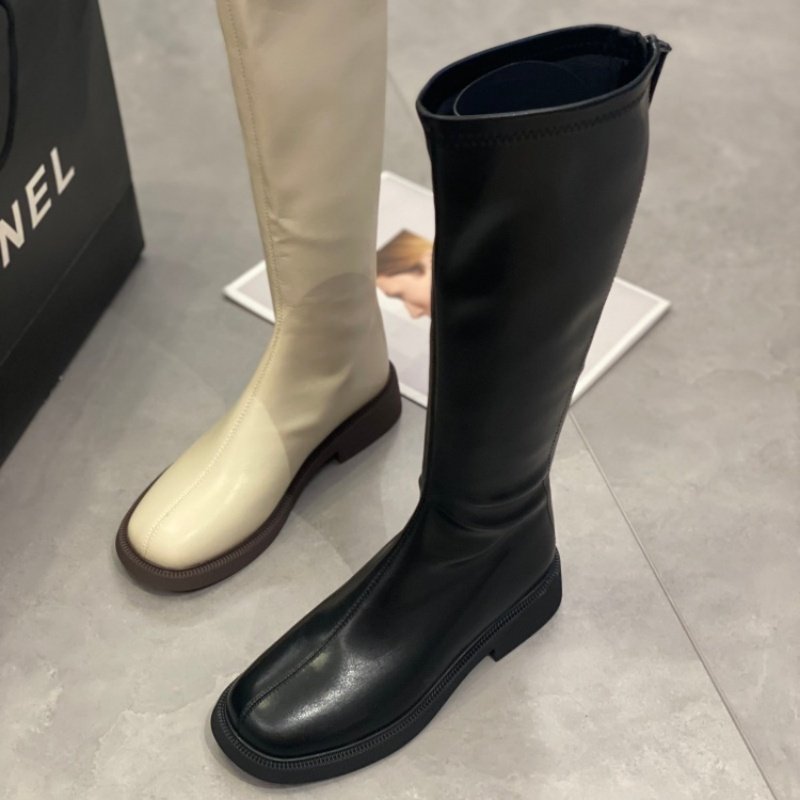 简约方头长筒靴女2025平底后拉链皮质粗跟高筒长靴时尚百搭休闲鞋,女鞋,时尚休闲鞋,淘宝优惠券,粉丝福利购,淘宝优惠卷