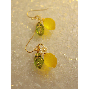 仲夏柠檬捷克珠耳环黄色小众设计水果可爱甜美耳夹无耳洞耳饰礼物