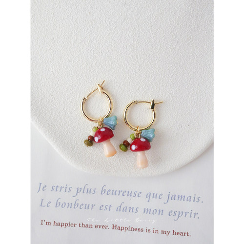 野菓子春日小蘑菇耳圈耳环复古森系童趣可爱小众耳饰显白耳夹礼物