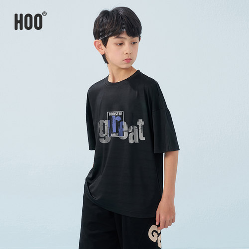 hoo男童短袖T恤重磅青少年夏季休闲半袖中大童宽松百搭上衣初中生