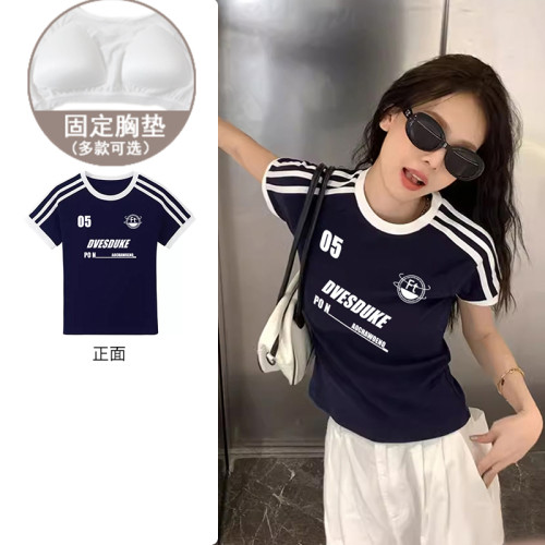带胸垫睡衣女夏季短袖T恤