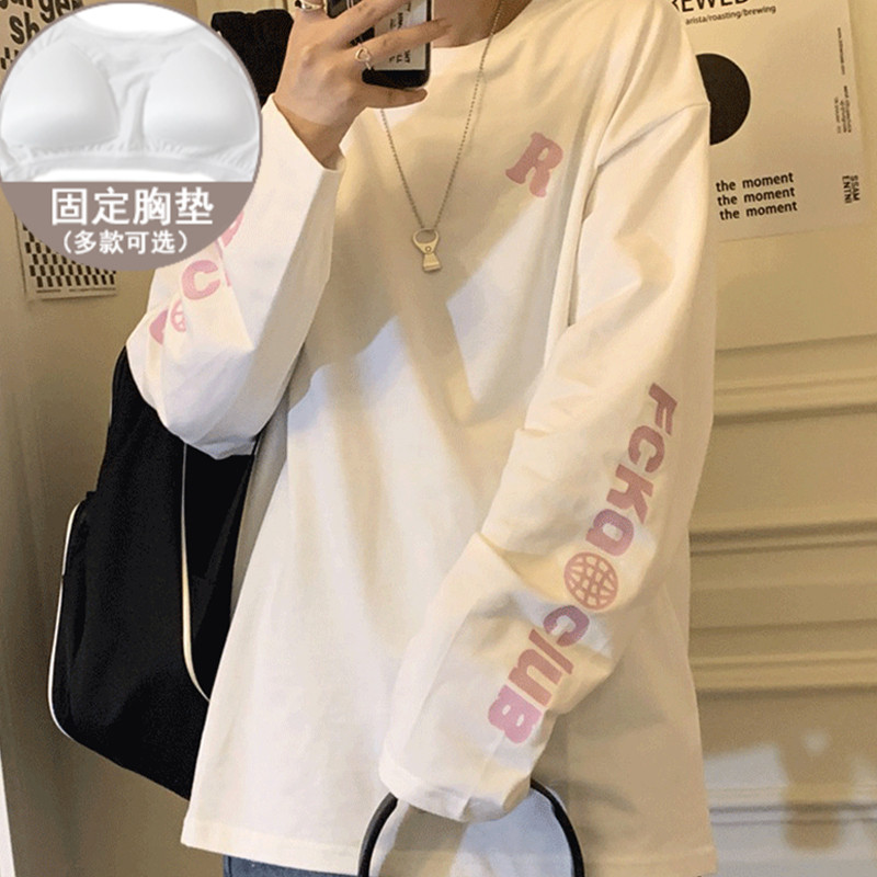 带胸垫睡衣长袖t恤女早秋新款宽松ins港味原宿风hiphop上衣服