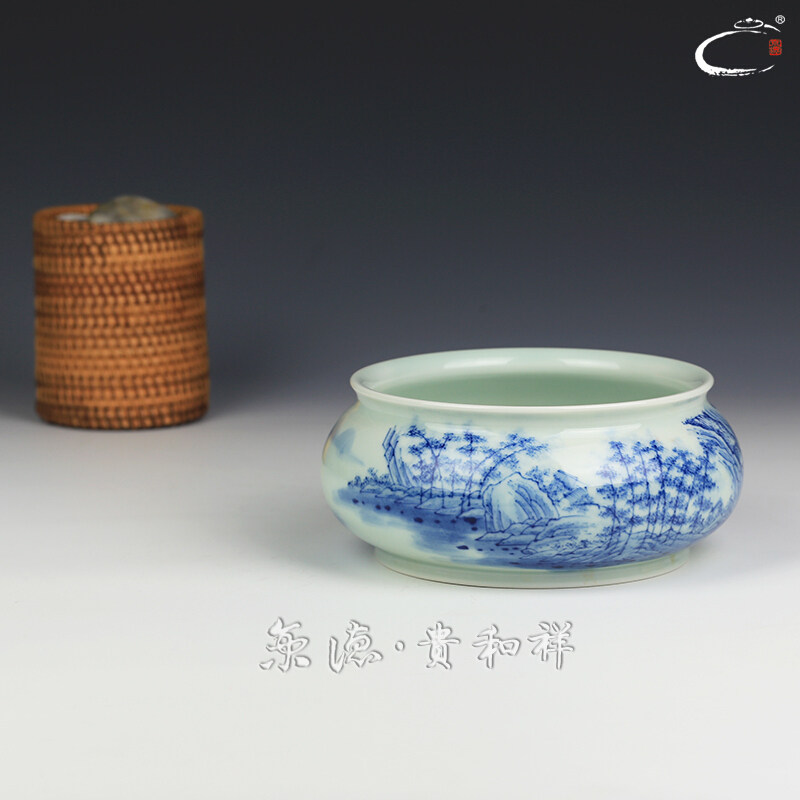 京德贵和祥景德镇手工陶瓷 茶具配件 水洗杯洗 青花竹林山水茶洗