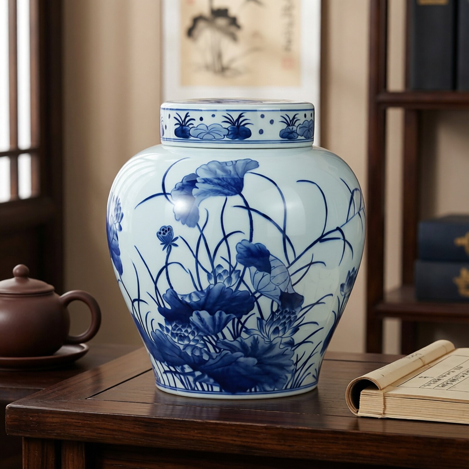 贵和祥陶瓷青花瓷花鸟荷花茶叶罐