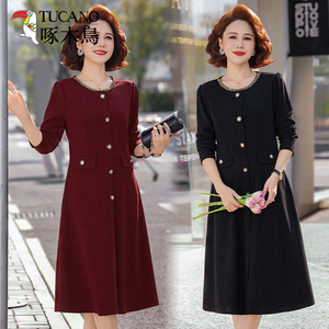啄木鸟气质妈妈装春季长袖连衣裙中老年女修身显瘦洋气圆领纽扣裙