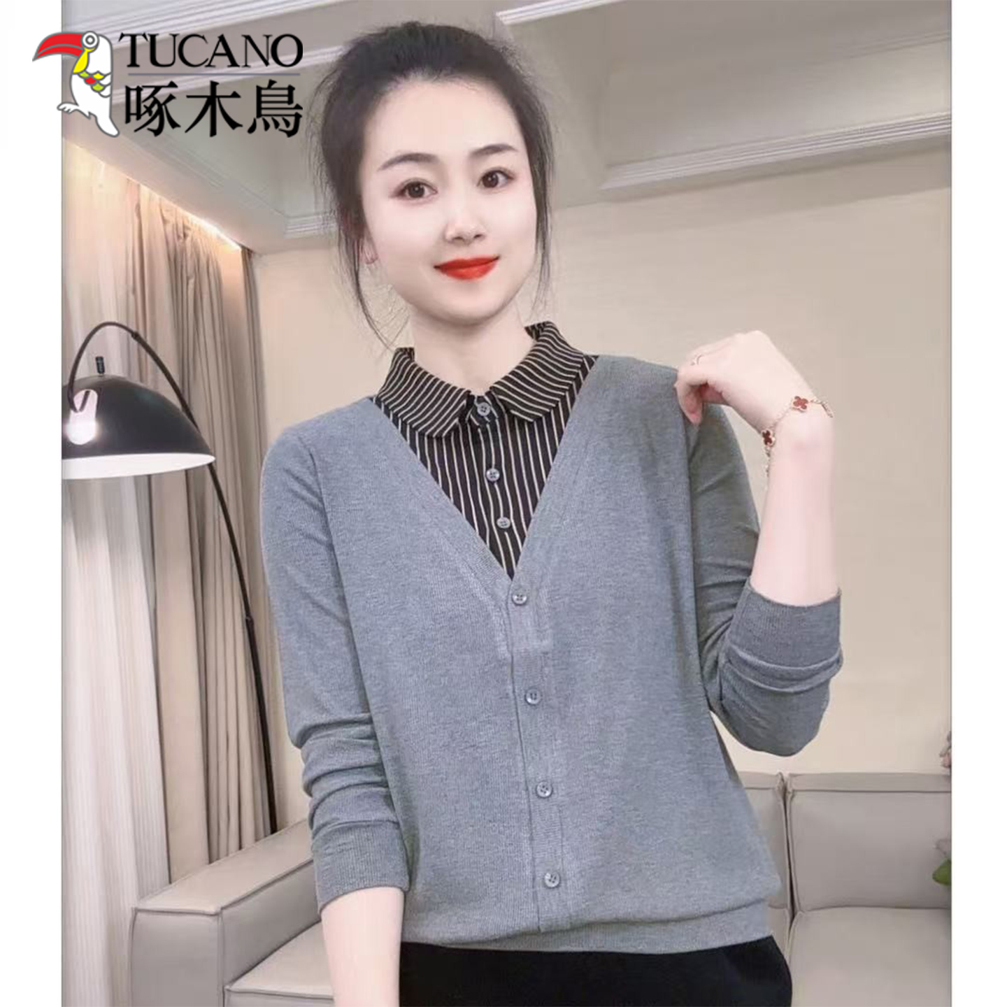 啄木鸟2025年秋冬新款时尚显瘦洋气妈妈装中年女装洋气假两件上衣