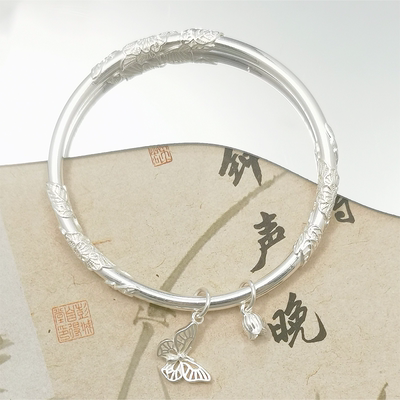 足银999.9花丝手镯女纯银繁花似锦花蕊蝴蝶25g实心闭口镯子送女友