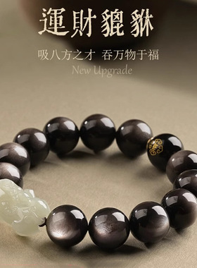 黑曜石貔貅手链男士高端和田玉貔恘皮丘招财银曜石男款本命佛手串