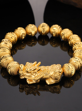 仿黄金貔貅手链男24k镀金男士沙金六子真言佛珠手串国风手饰