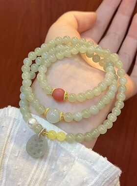 原创设计天然晴水和田玉多圈手链女新中式复古风玛瑙手串藕片吊坠