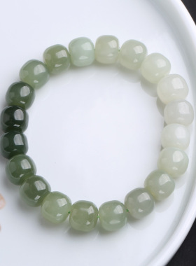 天然和田玉素珠手串 单圈渐变和田玉桶珠9*10mm玉石手链礼物