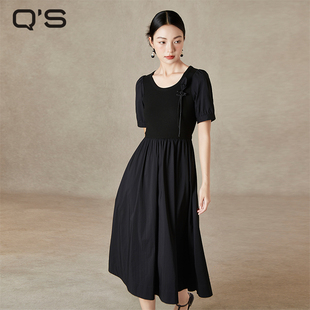 qs秸熙夏季 小黑裙 氣質通勤圓領連衣裙輕國風胸花拼接顯瘦時尚 新款