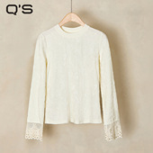 QS秸熙2025秋冬新款 打底衫 轻国风提花T恤针织衫 蕾丝拼接显瘦时尚