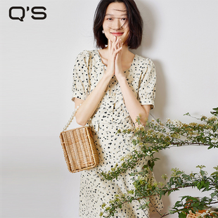 复古鸡心领连衣裙女印花底料绣花A摆显瘦洋气中长裙 qs秸熙夏新款