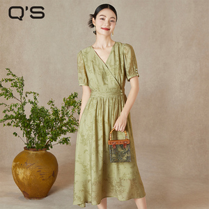 qs秸熙夏季新款复古轻国风v领连衣裙手工盘扣通勤印花显瘦茶歇裙