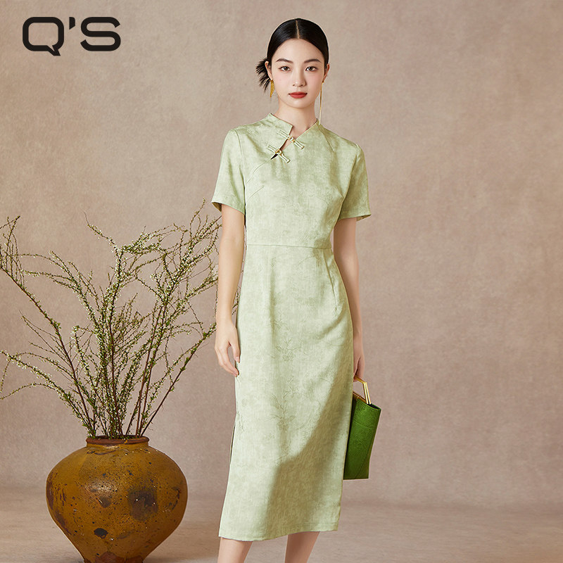 qs秸熙夏新款改良轻国风新中式连衣裙气质通勤收腰显瘦时尚提花裙