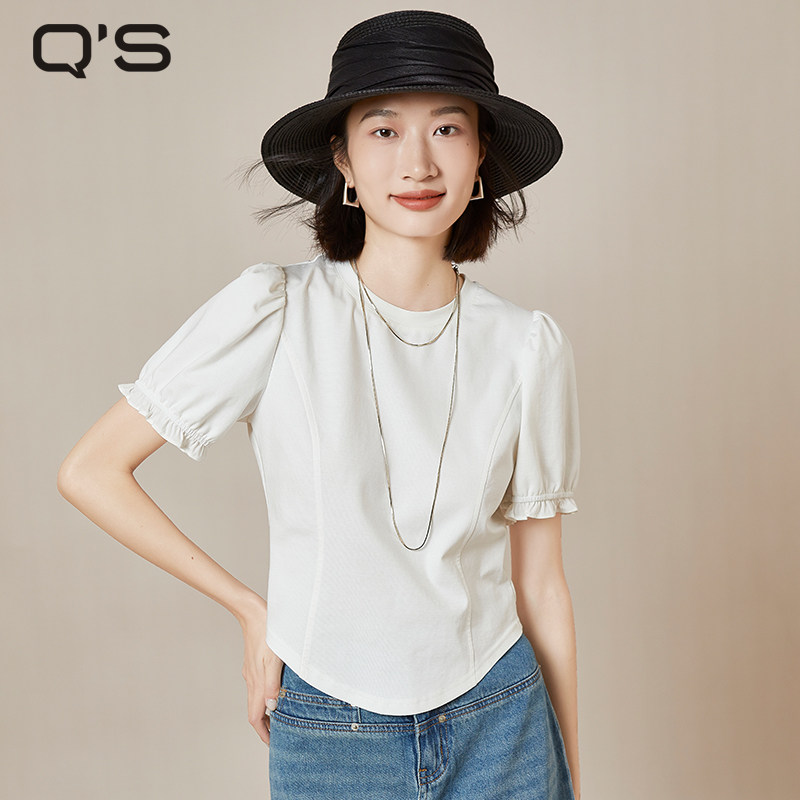 qs秸熙夏季新款纯色甜辣圆领T恤木耳边短款修身鱼骨短袖显瘦上衣