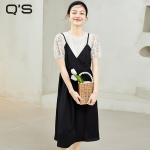 qs秸熙夏季新款韩版收腰连衣裙女假两件蕾丝拼接A摆显瘦中长裙子
