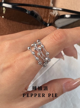 辣椒派新品 小众设计款纯手工镂空编织立体镭射珠 戒指 开口戒