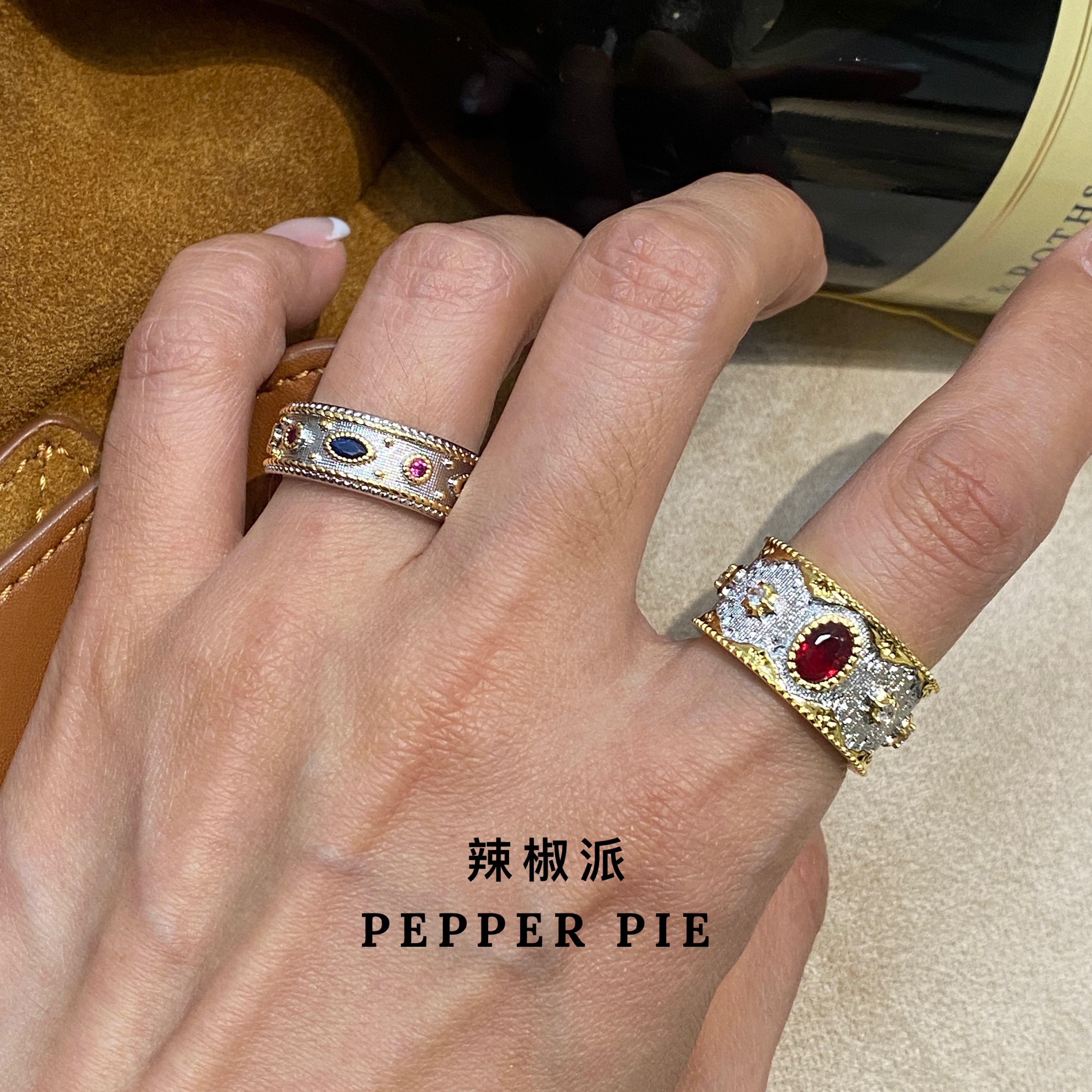 辣椒派新品 复古拉丝古币戒指女 中古风蕾丝雕花闭口戒指女合集