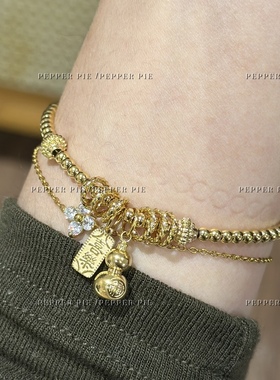 辣椒派 不用摘钛钢环保镀金新中式盘缠串珠无事牌手链女 喜乐葫芦