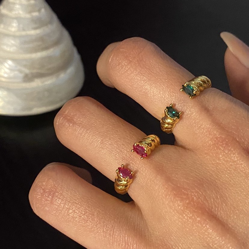 辣椒派 新品 圣诞绿复古马眼锆石扭纹开口戒 重工加厚电镀 小指围