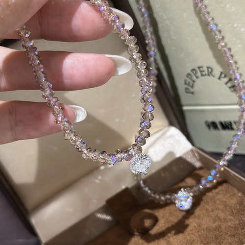 辣椒派定制 1克拉莫兰迪灰紫爆闪算盘切弹力手链项链女 国产华子