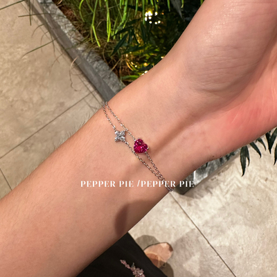 辣椒派通体S925纯银镀白金鸽血红爱心钻手链女日系轻奢迷你细链