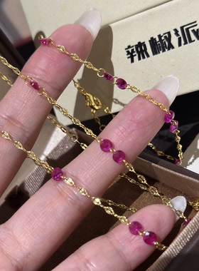 辣椒派气血感～复古鸽血红波光闪闪露珠钻石项链女 手链嘴唇链