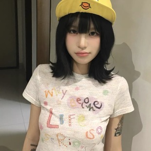 舒適透氣復古彩虹印花修身 T恤女夏上衣學生甜酷小個子 正肩短袖