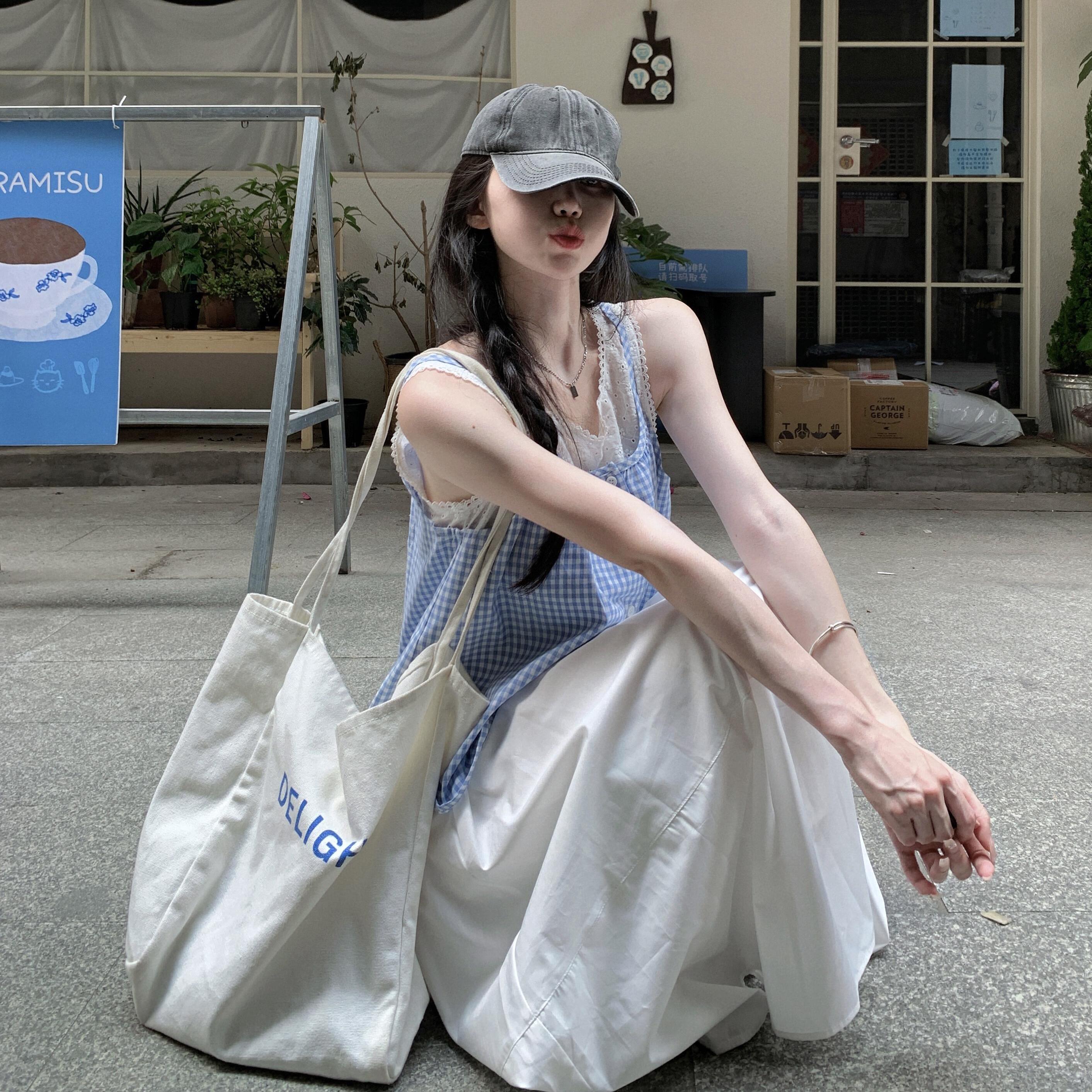 韩系两件小吊带格纹背心套装女夏