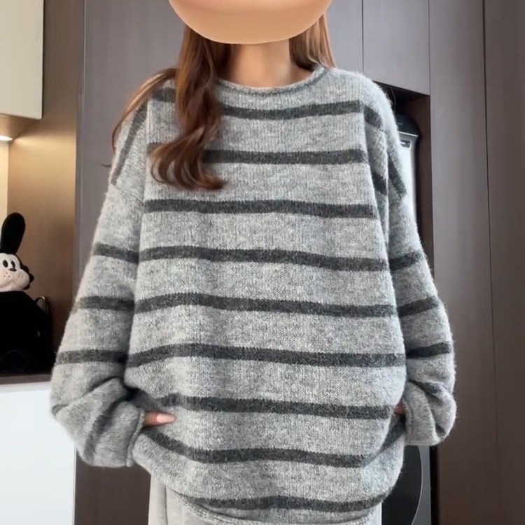 港风条纹圆领厚款针织衫女休闲