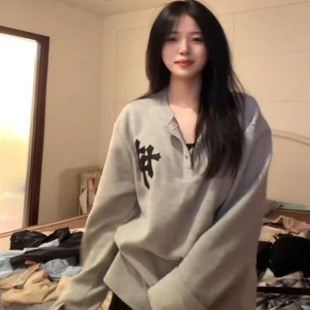 美式复古圆领卫衣男女华夫格休闲设计潮牌十字架长袖宽松上衣女