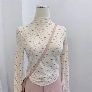 纯欲风半高领森系小碎花打底衫 上衣内搭甜美波浪领T恤韩系 女长袖