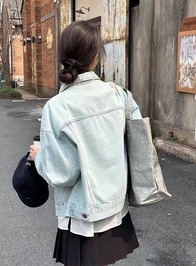 日系街头~牛仔外套 复古水洗蓝色宽松翻领夹克上衣长袖短款外套女
