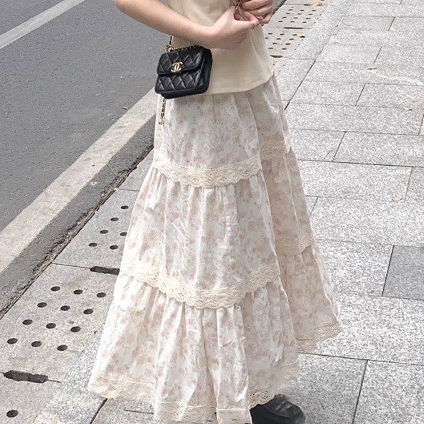 甜美高腰碎花松紧超仙蓬蓬裙花边a字半身裙中长款蛋糕裙子小个子