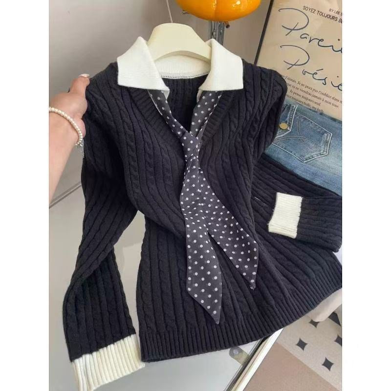 韩系设计感洋气拼色假两件波点领带长袖针织衫女内搭修身显瘦上衣,女装/女士精品,大码内搭,淘宝优惠券,粉丝福利购,淘宝优惠卷