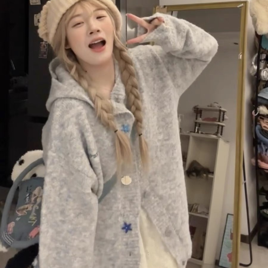 超好看针织厚外套连帽复古少女