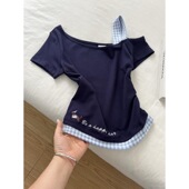 设计感小众修身 T恤女夏季 显瘦上衣潮 纯欲风辣妹格子拼接短袖 韩代