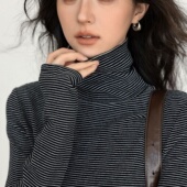 清仓 现货叠穿堆堆领条纹显瘦正肩修身 百搭长袖 反季 打底衫 t恤女