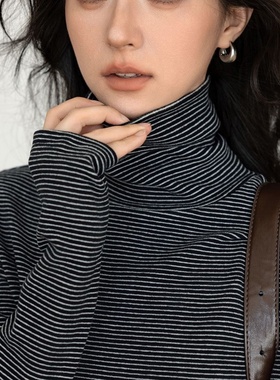 反季清仓！现货叠穿堆堆领条纹显瘦正肩修身百搭长袖打底衫t恤女