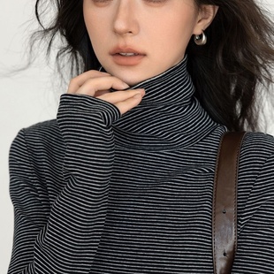 打底衫 反季 百搭长袖 现货叠穿堆堆领条纹显瘦正肩修身 t恤女 清仓